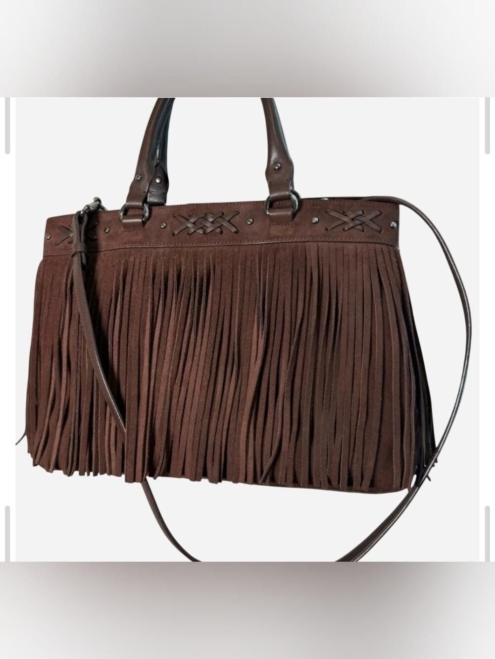 Lauren Ralph Lauren Chocolate Brown Suede Fringe Tote with Braided Trim - Picture 7 of 8
